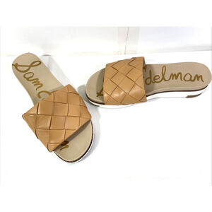 SAM EDELMAN Adaley Slip-On Leather Slide Sandal Natural Logo Comfort US Size 8.5